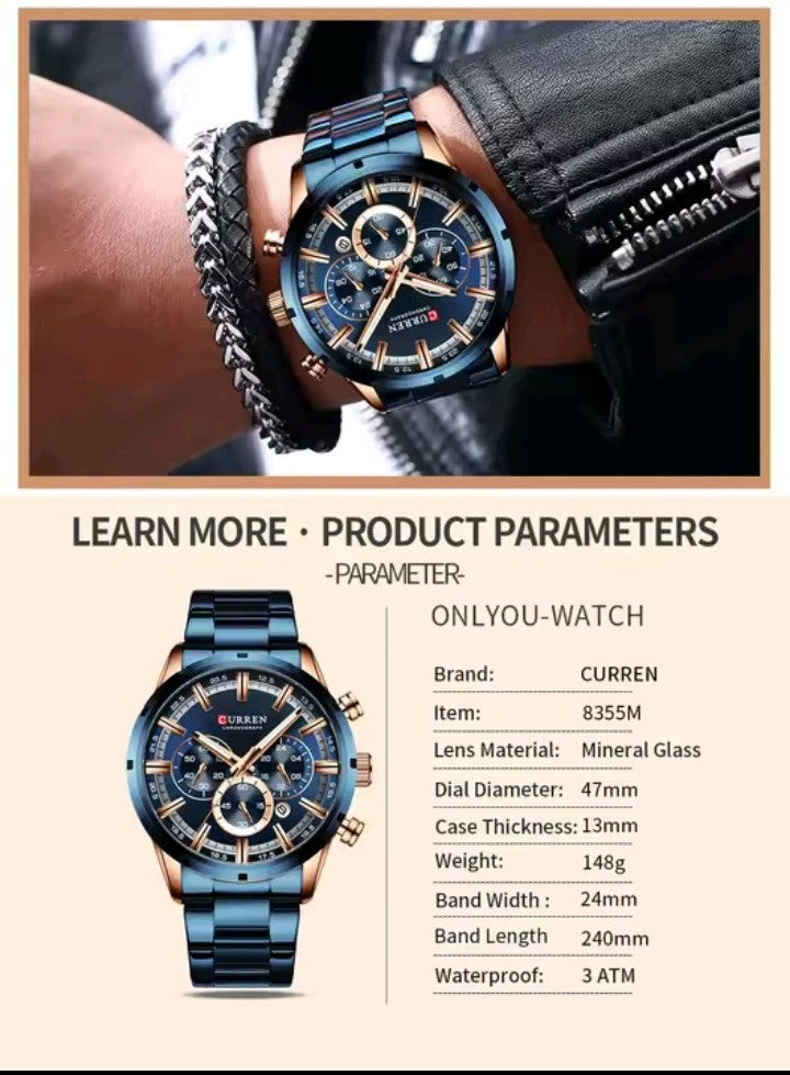 Reloj CURREN 8355 Hombre — Multifuncional, Resistente al Agua